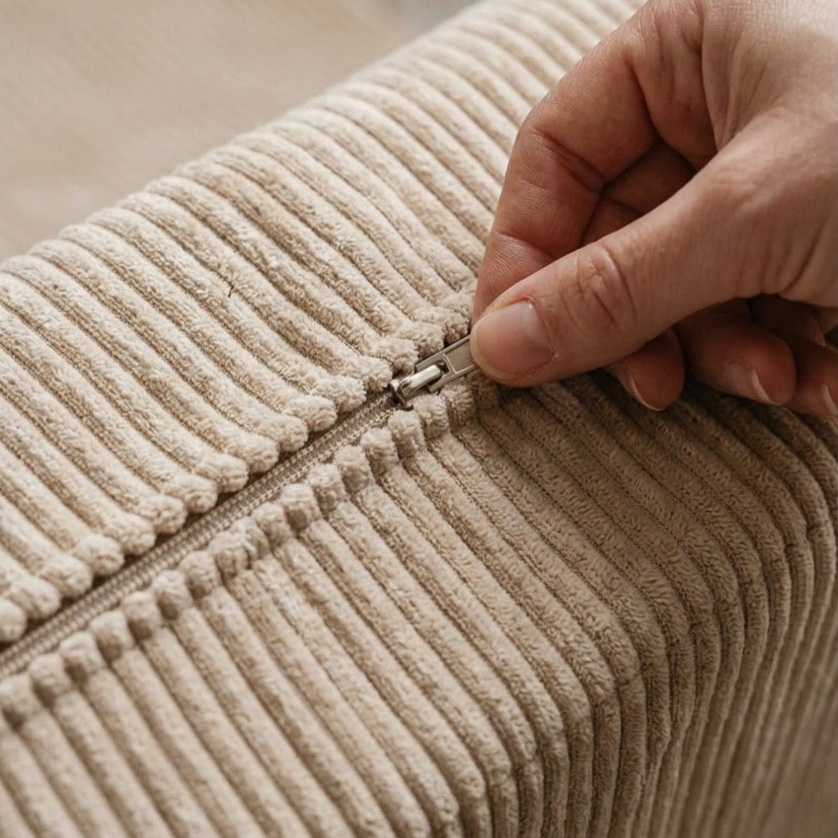 Hand zipping a beige corduroy fabric