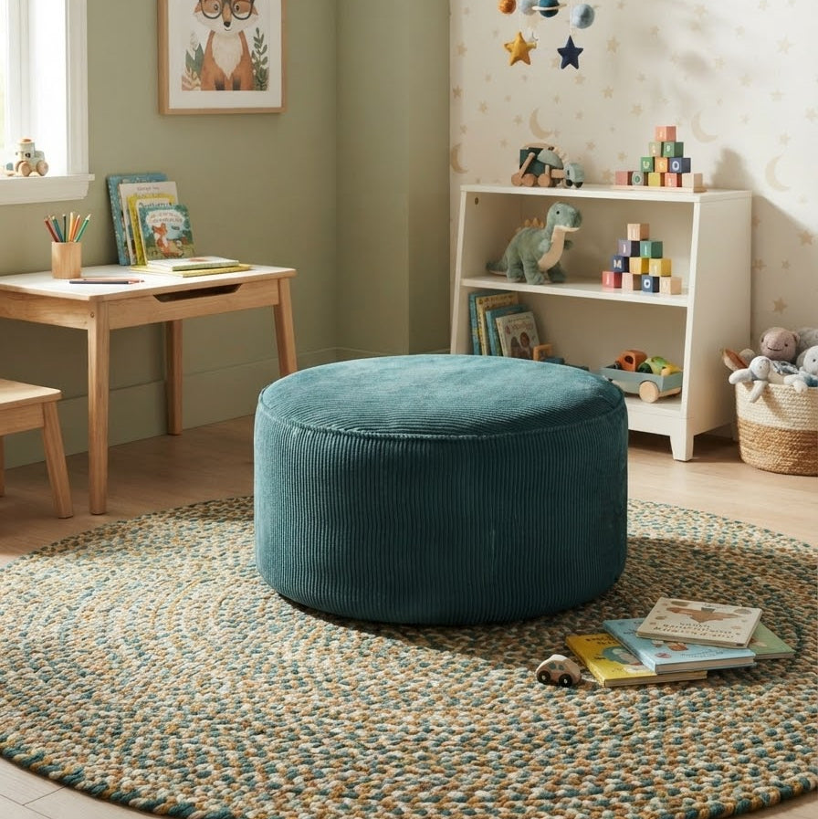 A round teal velvet pouf ottoman centered on a braided round rug in a styled children's room. The room features sage green walls, a wooden desk, a white toy shelf, and a patterned wallpaper with stars and moons.