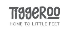The TiggerRoo brand logo is displayed in a dark gray font on a solid white background, with the tagline 'HOME TO LITTLE FEET' written underneath in a smaller, matching font.