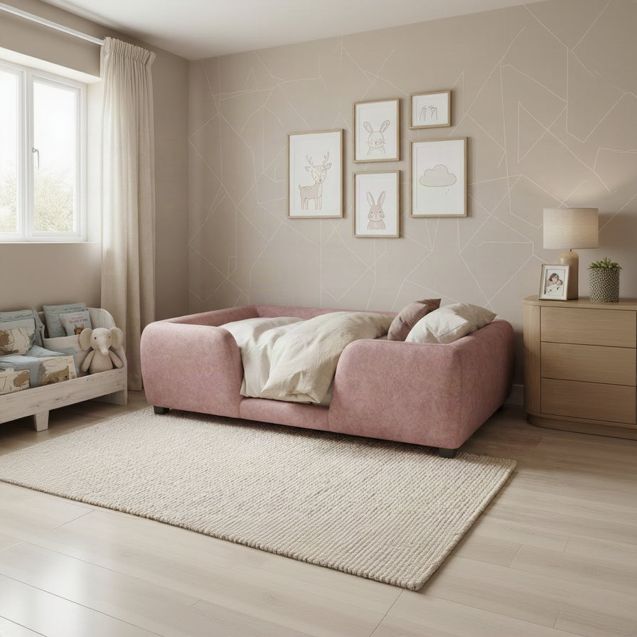 A dusty pink upholstered dog bed with a high padded wall, styled in a child's bedroom with a cream rug, wooden side table, and framed wall art.