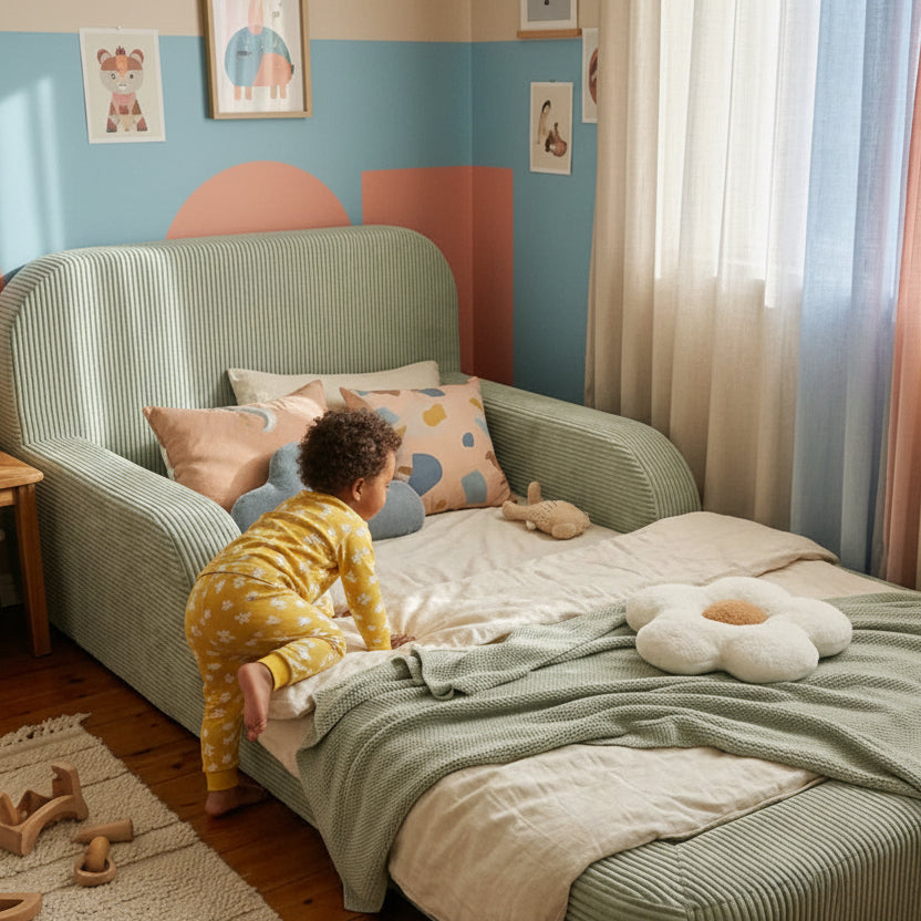 Child climbing on a green upholstered floor bed in a cozy room with toys on the floor.
