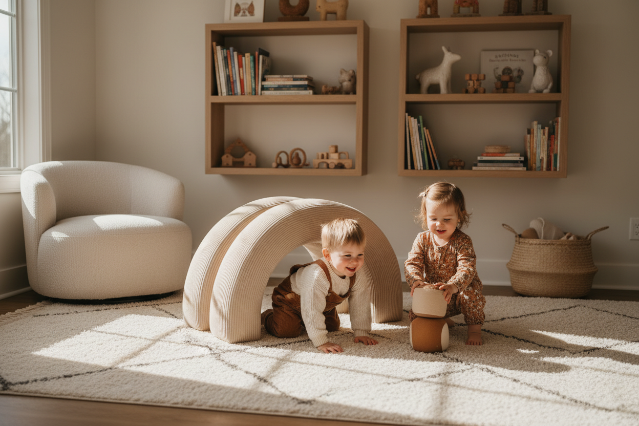 Two children playing with a soft play arch tunnel in a room with bookshelves and a chair.