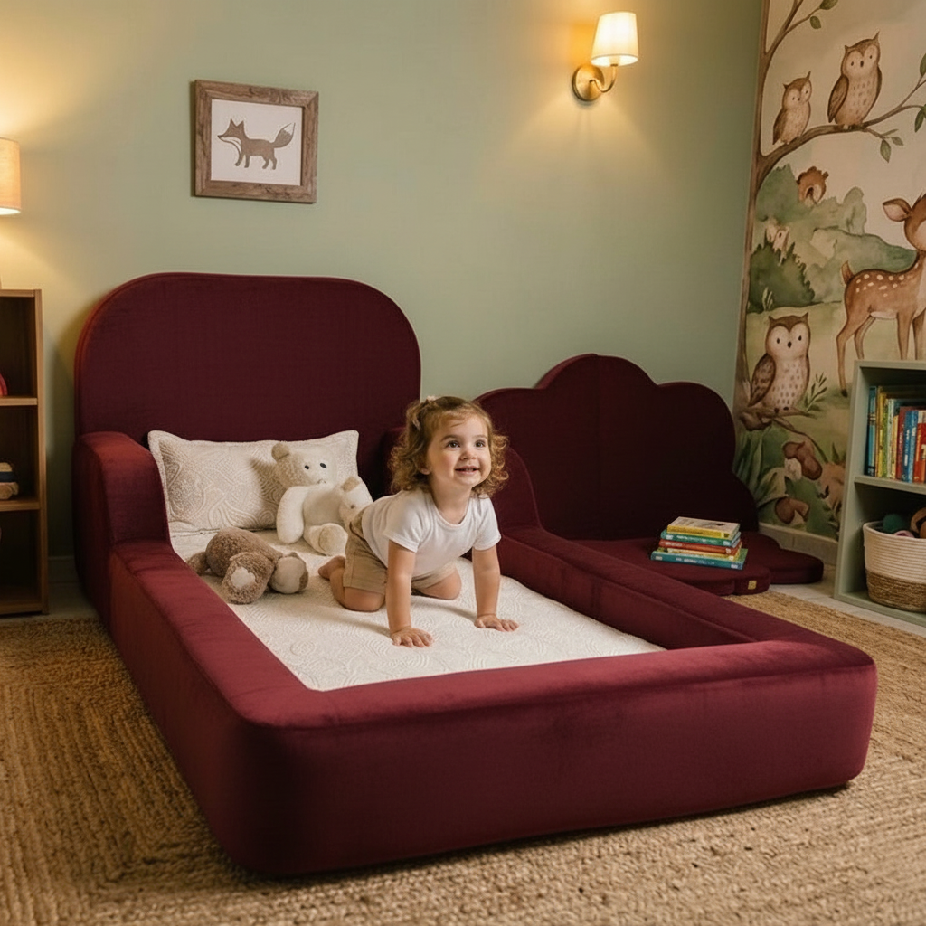 Child playing on a maroon children's bed in a room with books and toys.