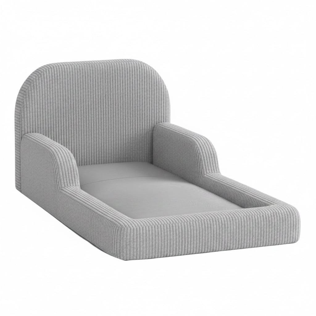 Gray corduroy upholstered toddler floor bed on a white background