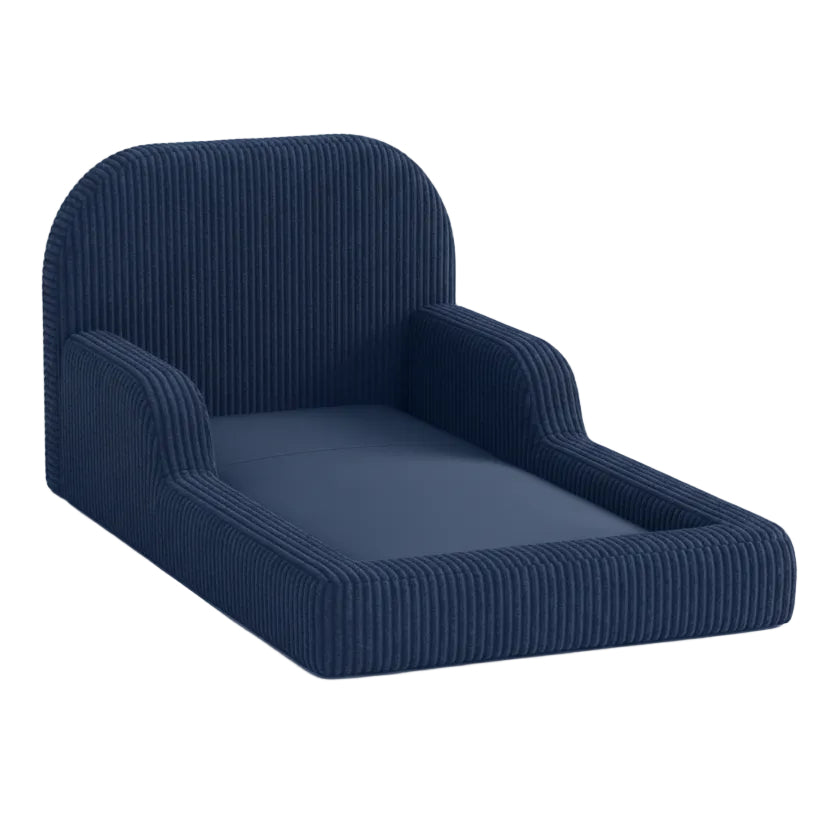 Navy blue toddler floor bed on a white background