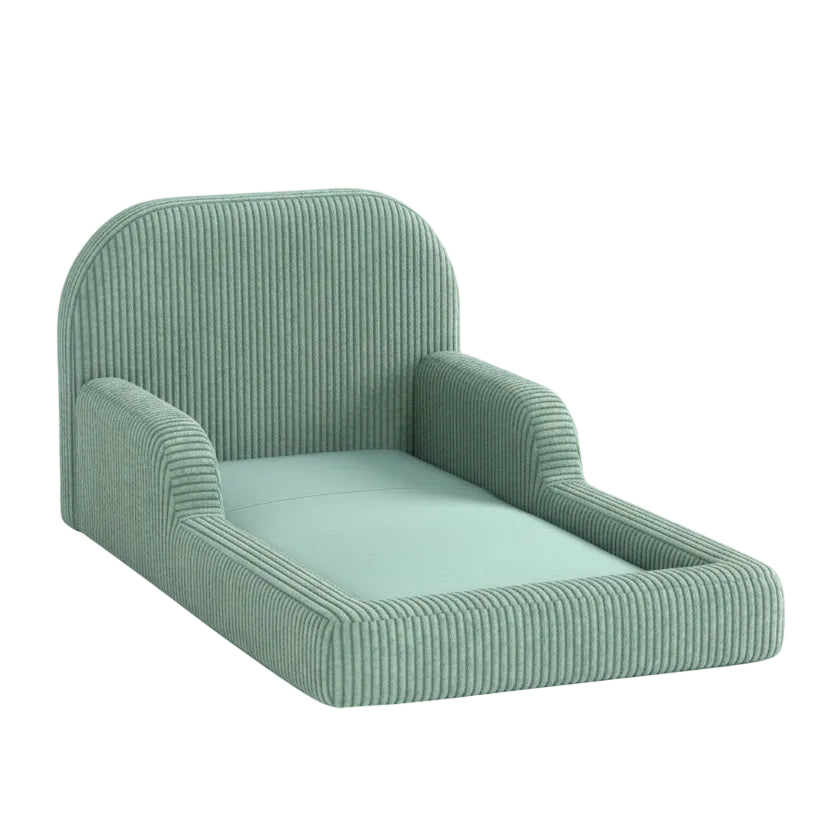 Sage upholstered toddler bed on a white background